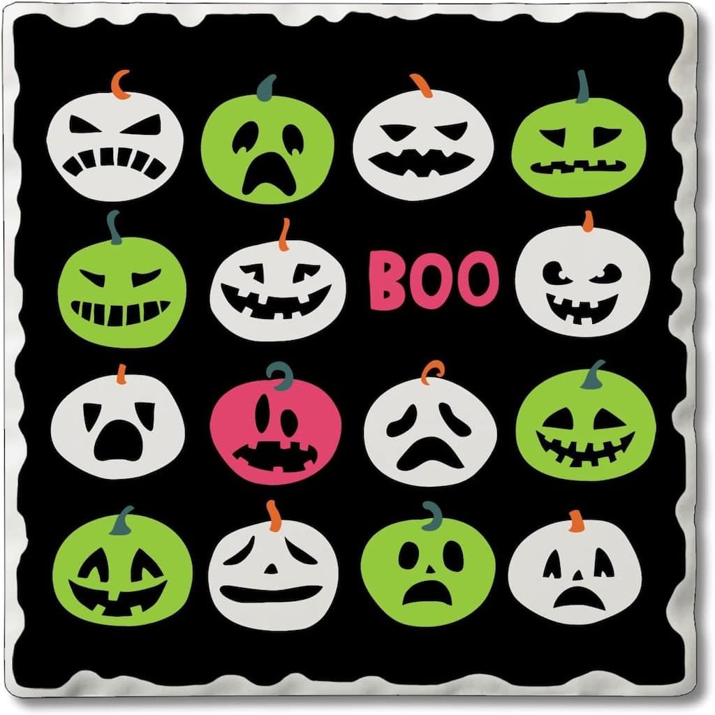 Boo Pumpkins 4 Pack Single Absorbent Stone Coaster with Protective Cork Backing Made in The USA 4" Square, Colorful, Wipes Clean