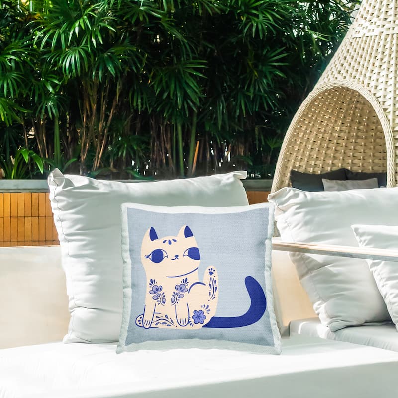 Stupell Ornate Floral Cat Printed Outdoor Throw Pillow Design by Carrie Cantwell