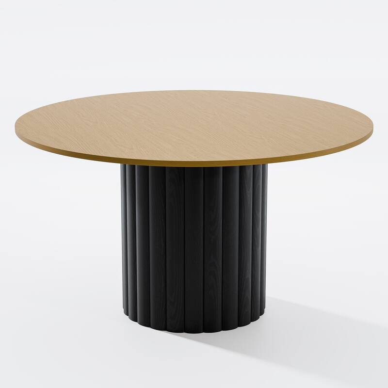 Solid Wood Round Dining Table Kitchen Table with Tabletop & Textured Cylindrical Base