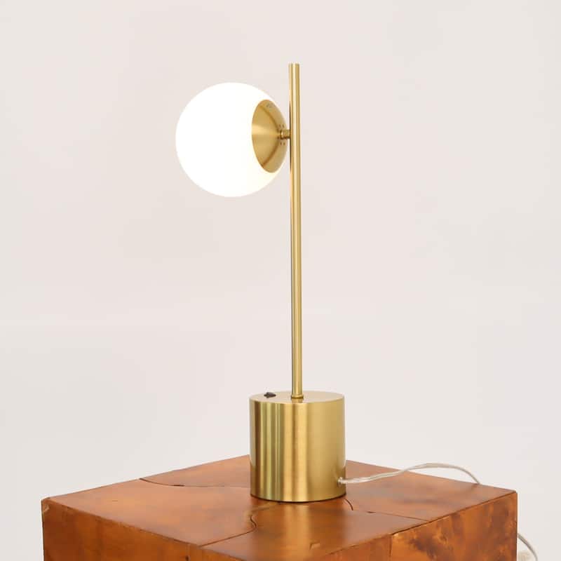 Modern Small Brass Metal Table Lamp with White Glass Globe Shade, Elegant Desk Lamp Fixture for Living Room, Office Reading