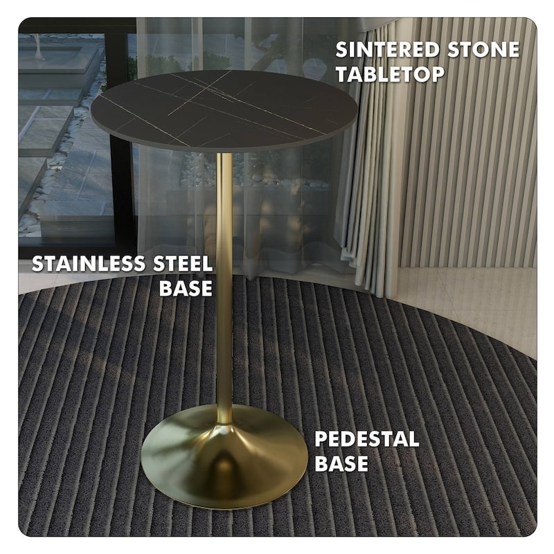 LeisureMod Verve 27" Bar Dining Table with Sintered Stone Round Top in Gold Steel, Gold Marbleized