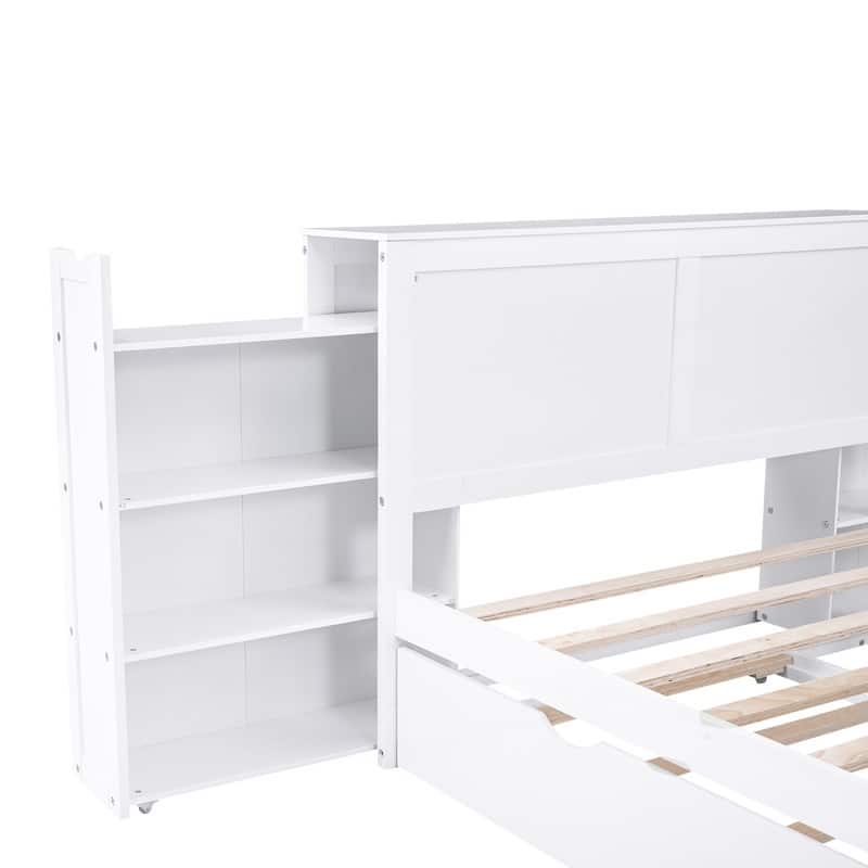 Wooden Storage Platform Bed with Bookcase Headboard, Full/Queen Bed Frame with Twin Size Trundle and Pull Out Shelves