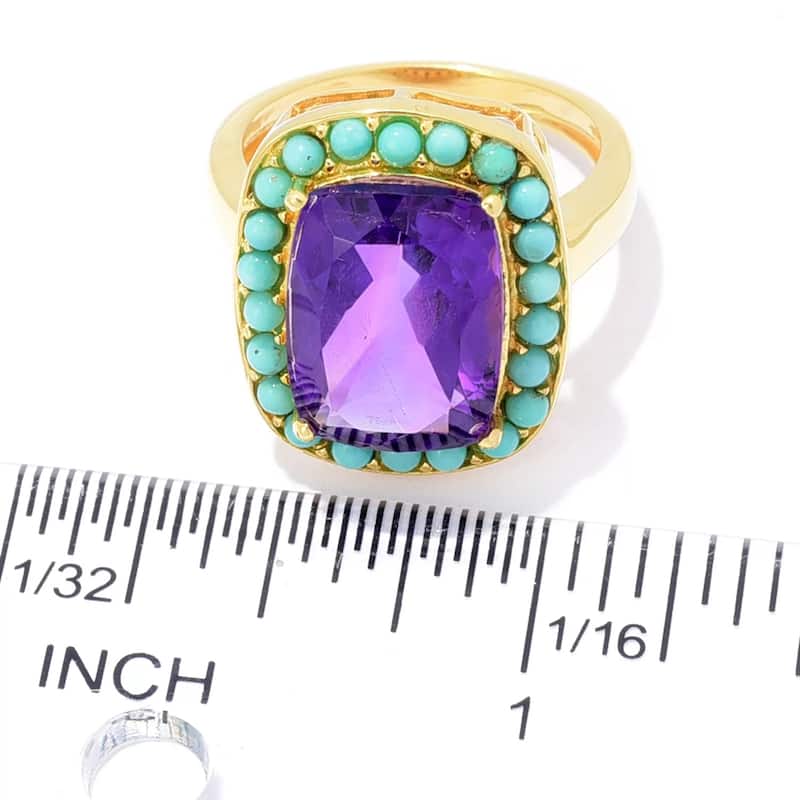 18k Yellow Gold Over Sterling Silver, African Amethyst and Campitos Turquoise Gemstone Classic Ring