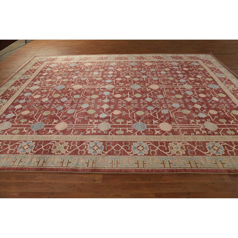 Hand Knotted Oriental 100% Wool Carpet Transitional All-Over Red Oushak Area Rug - 11' 11'' X 9' 4''