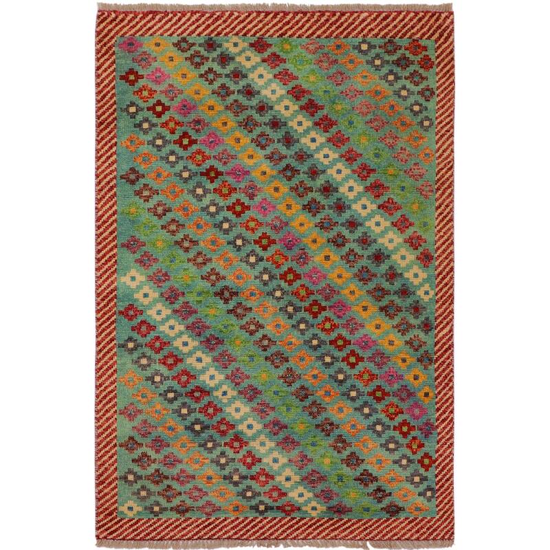Shabby Chic Balochi Bowers Blue/Red Hand Knotted Wool Rug - 3'4'' x 5'1''