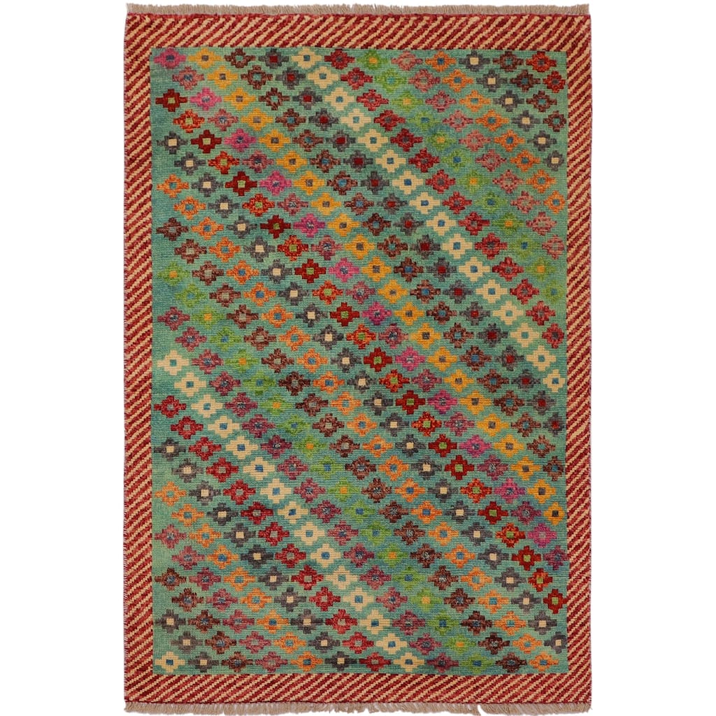Shabby Chic Balochi Bowers Blue/Red Hand Knotted Wool Rug - 3'4'' x 5'1''
