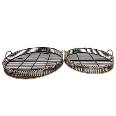 Round Shaped Bamboo Tray with Curved Handle, Set of 2, Black