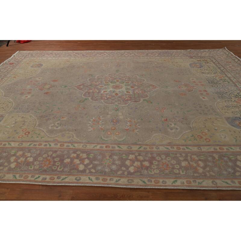 Distressed Brown Tabriz Persian Area Rug Hand-Knotted Wool Carpet - 9'8"x 12'11"