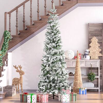 Realistic 7.5ft Snow-Flocked Pine Christmas Tree with Full Branch Tips and Sturdy Steel Base Xmas Tree for Home Holiday Decor
