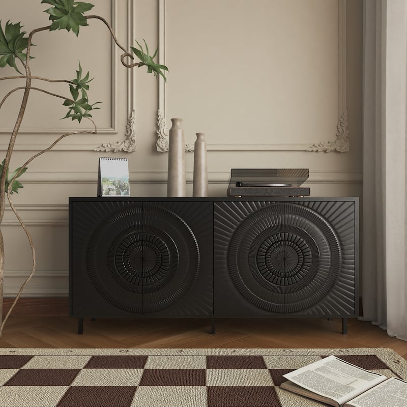 All-Black Modern Sideboard Buffet, 4 Doors Wood Storage Cabinet with Adjustable Shelves, Console Table for Living Room, Entrance