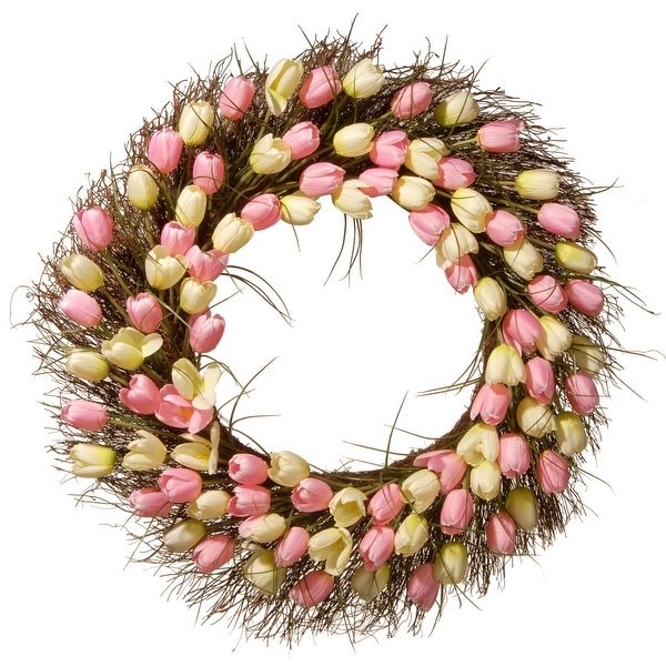 Yellow and Pink Tulip Artificial Wreath - 32-Inch, Unlit - N/A