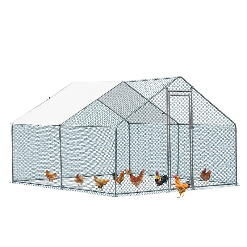 10x10 ft Metal Chicken Coop with Waterproof Cover and Lockable Door
