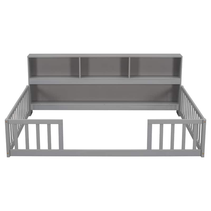 Twin Floor Bed with Bedside Bookcase Shelves