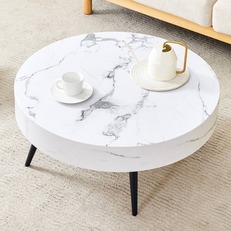 31.5 Inch Round Coffee Table with Adjustable Legs Small End Table with Marble Sticker Top Home Center Table