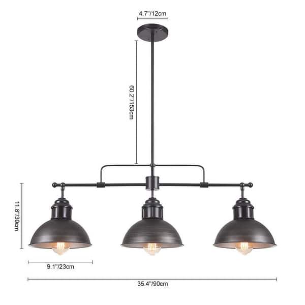 dimension image slide 1 of 2, Industrial 3-Light Dome Kitchen Island Pendant - Brushed Black Grey