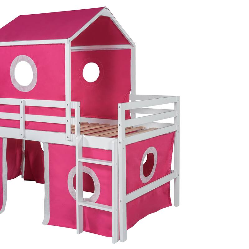 Roomfitters Twin Size Loft Bed with Slide, Pink Tent and Decorative Tower, Imaginative Play Space Frame, Pink