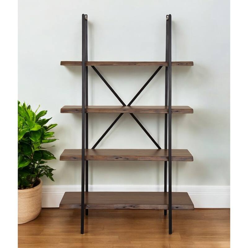 HomeRoots 79" Black And Brown Metal and Solid Wood Four Tier Step Bookcase - Brown