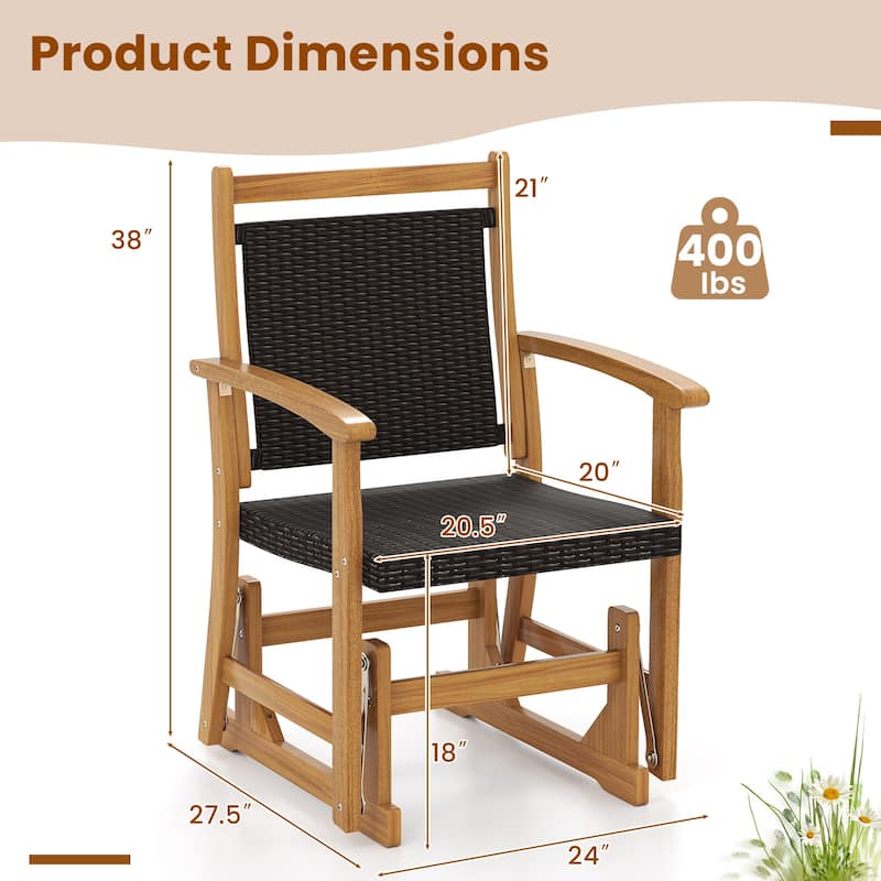 PE Rattan Glider Chair for Outdoor Patio Acacia Wood Rocker with Armrests and Contoured Seat - 27.5" x 24" x 38" (L x W x H)