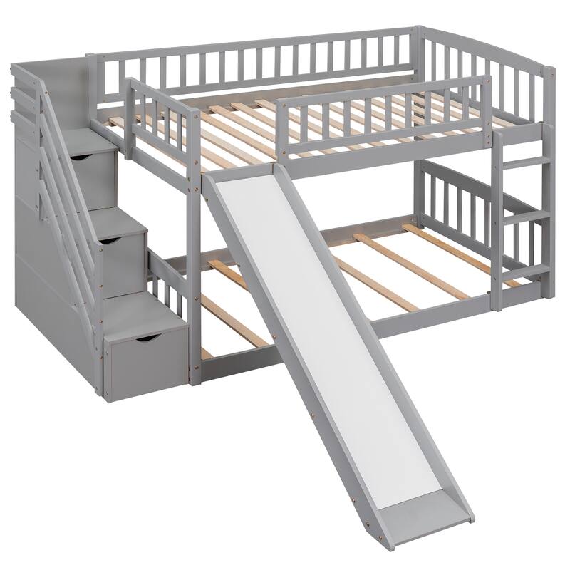 Twin Over Twin Bunk Bed with Drawers, Slide, and Stairs, Gray