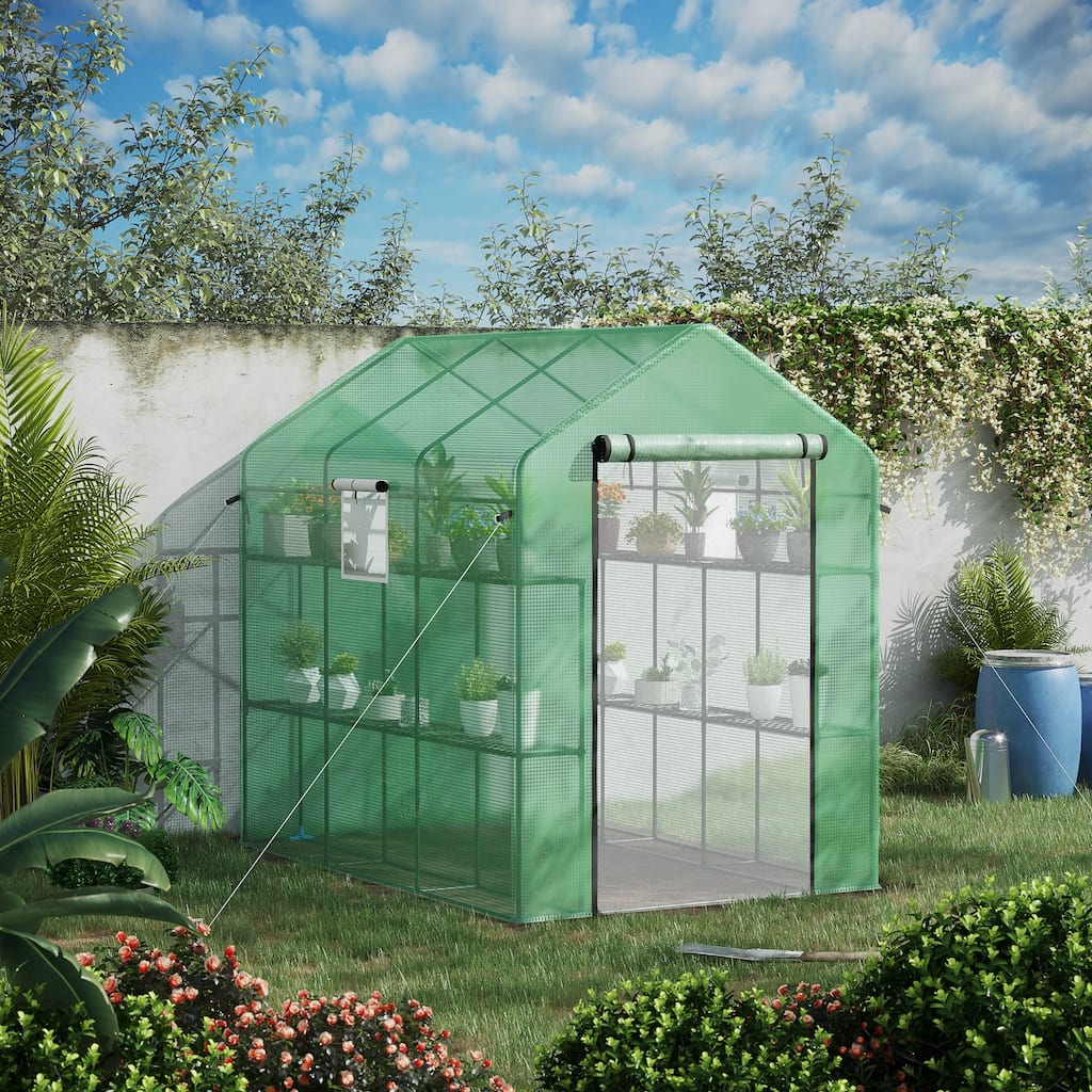 Outsunny 7' x 5' x 6' 2-Tier Shelf Greenhouse with Door, Windows, PE Cover, Steel Frame