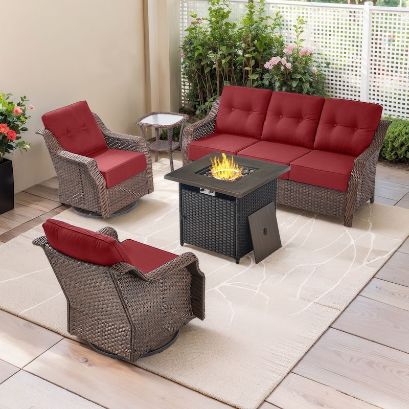5-Piece Sofa Swivel Chairs with 30 Inch Fire Pit Table - Brown Wicker & Red Cushion