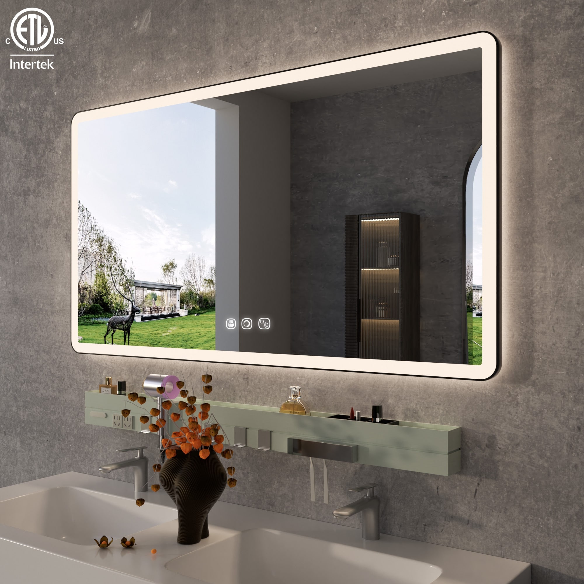 Rectangular Framed Anti-Fog Wall Bathroom Vanity LED Mirror with Backlit and Front Light