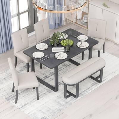 6-Piece Retro-Style Dining Set Includes Dining Table 4 Upholstered Chairs & Bench with Foam-covered Seat Backs & Cushions