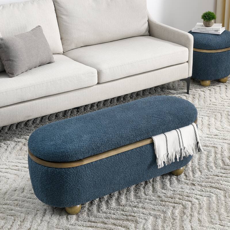 Storage Ottoman Bench for Bedroom, 43" Upholstered Oval Footstool with Hidden Storage, End of Bed Long Velvet Bench
