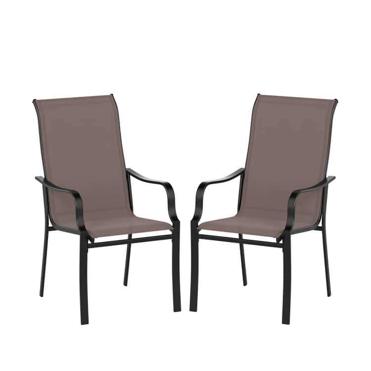 Brown-Black Mesh Metal Patio Dining Chairs with Armrests, Set of 2 - 22" x 29" x 40"