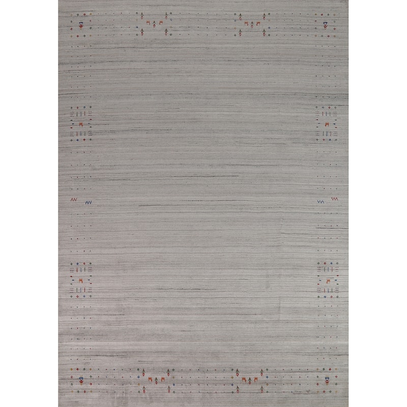 Silver Gray Striped Gabbeh Oriental Area Rug Hand-Knotted Silk Carpet - 9'3" x 11'7"