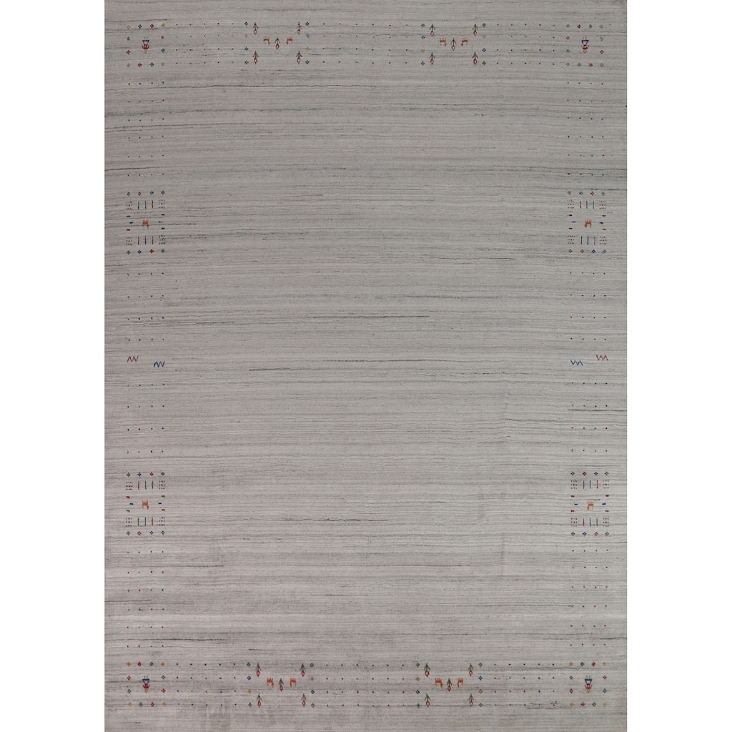 Silver Gray Striped Gabbeh Oriental Area Rug Hand-Knotted Silk Carpet - 9'3" x 11'7"