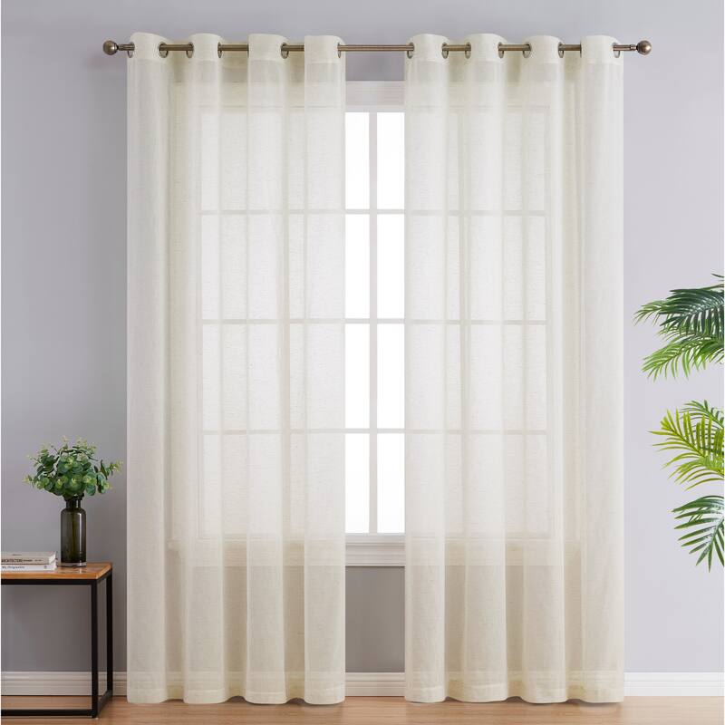HLC.me Sierra Burlap Flax Linen Semi Sheer Light Filtering Transparent Window Grommet Thick Curtains Panels - Set of 2 - 54 W x 84 L per panel - Set of 2 - Natural Linen