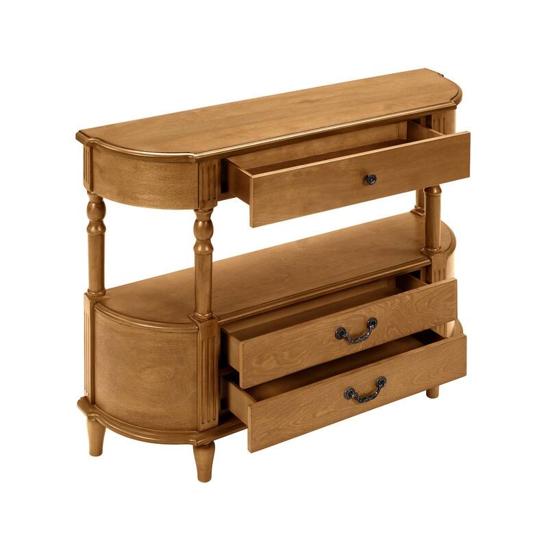 Retro 43" Curved Wood Console Table with 3 Drawers and Open Shelf, Sofa Table Behind Couch for Living Room and Hallway Storage