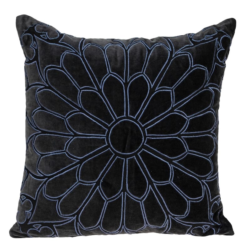 HomeRoots 22" Black and Blue Floral Cotton Throw Pillow with Embroidery and Applique