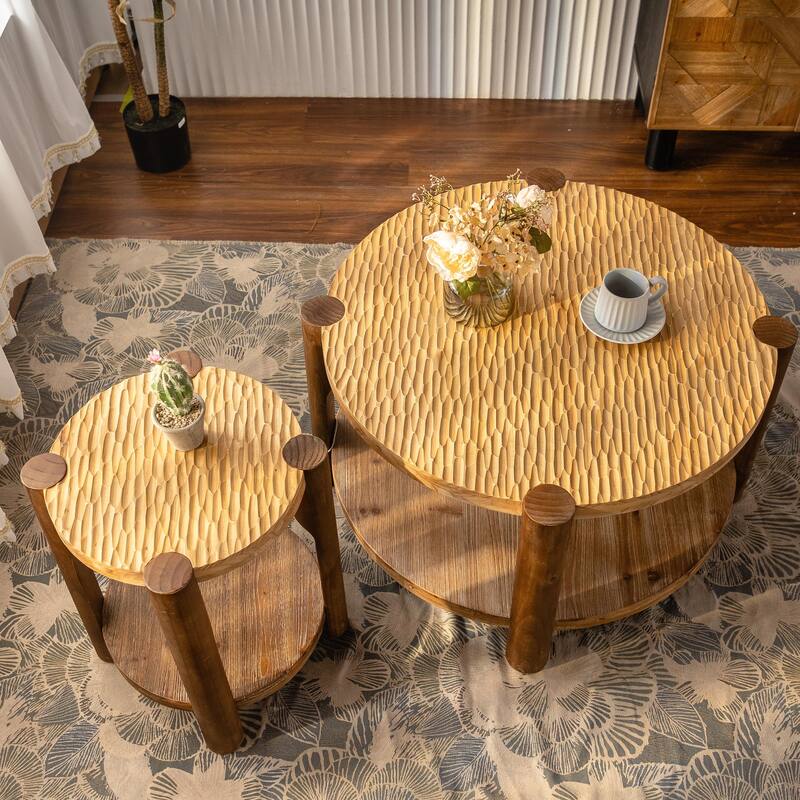 Round Coffee Table - 2-Tier Storage, Solid Wood, Mid-Century Modern - Wood