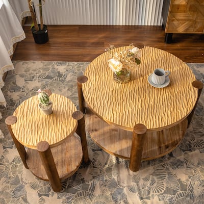 Round Coffee Table - 2-Tier Storage, Solid Wood, Mid-Century Modern