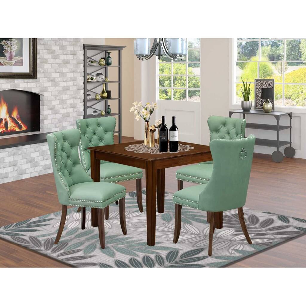 5-Piece Antique Walnut Finish Solid Wood Top - Square Upholstered Dining Room Set - Seats 4