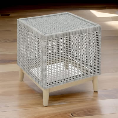 Yami 23 Inch Outdoor Side End Table, Resin Wicker, Tempered Glass Top, Gray