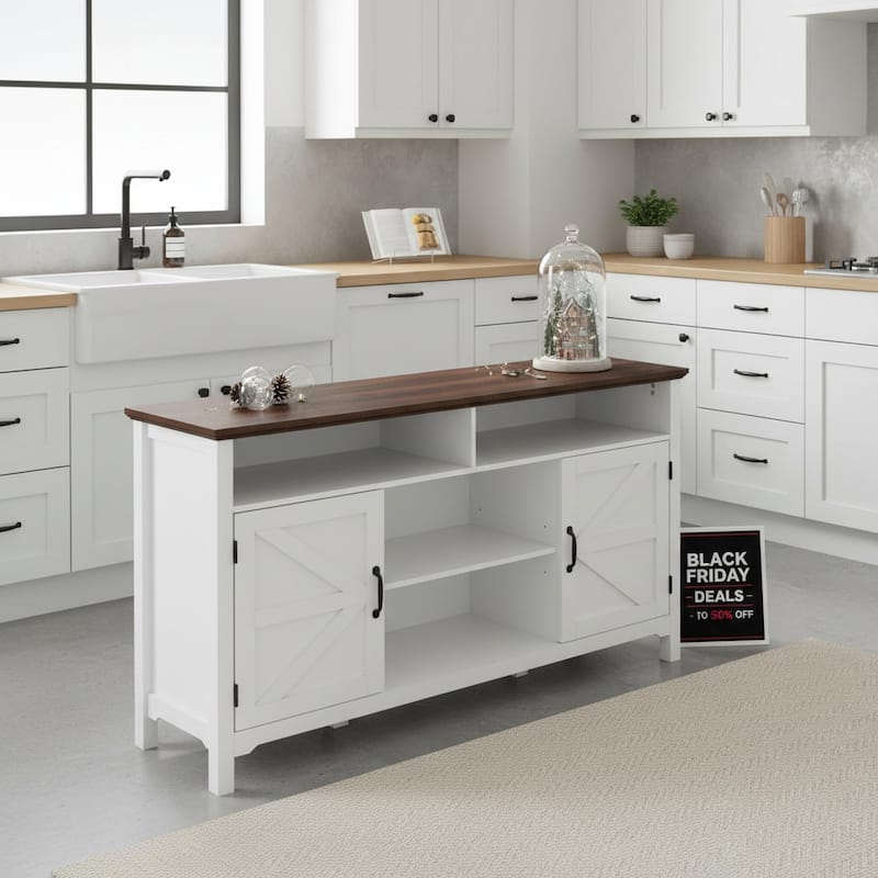 Homy Casa Farmhouse Sideboard Buffet Cabinet, Hinged Barn Doors, White 58'' Black Friday Gift - White