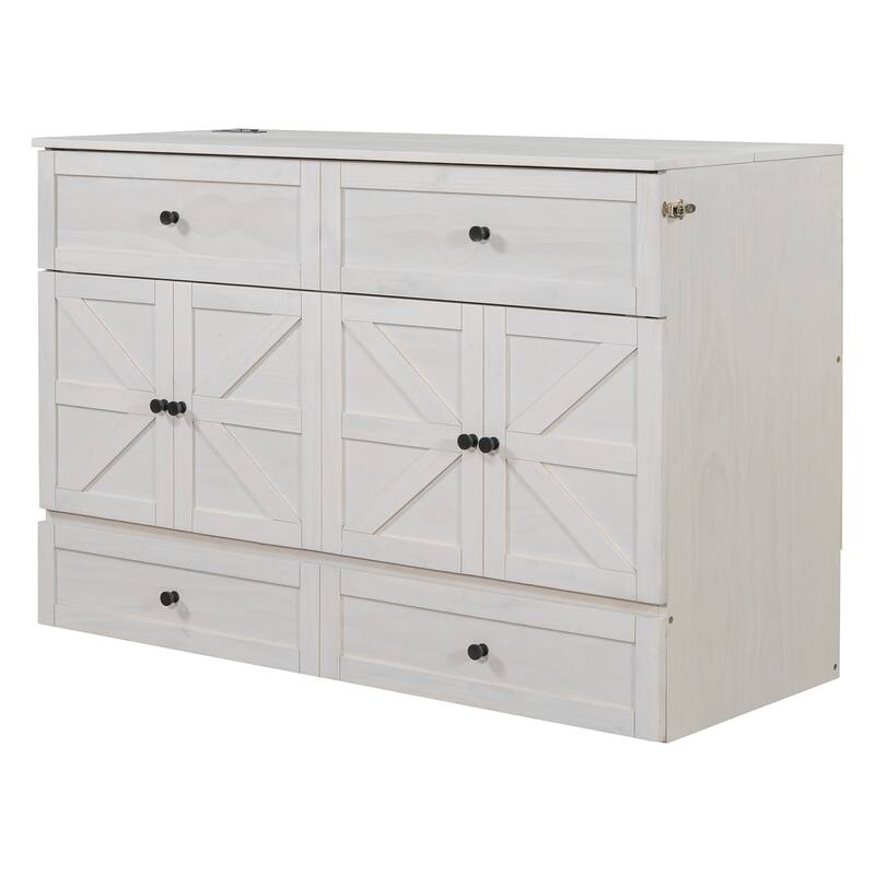 Queen Size Solid Wood Murphy Bed with Storage Drawers, USB Ports, and Space-Saving Design