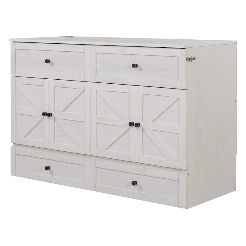 White Queen Size Murphy Bed with Large Storage Drawers and USB Ports