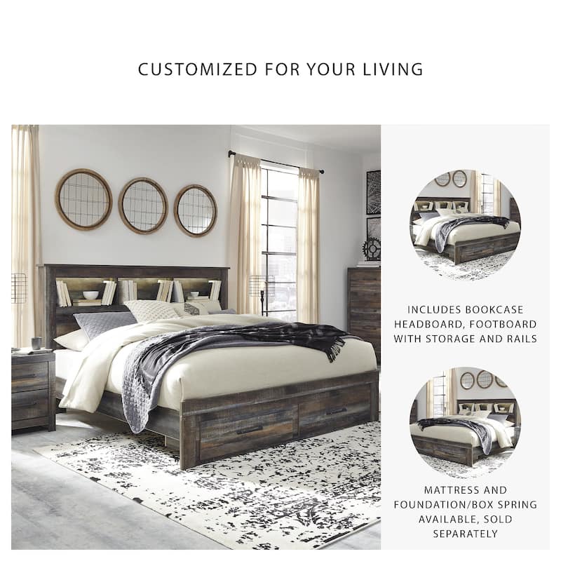 Drystan Rustic Brown Bookcase Bed with Footboard Storage Drawers