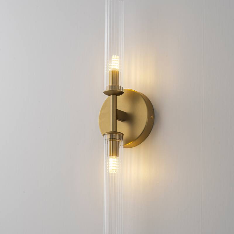 2-Light Mid-Century Modern Brushed Gold/Matte Black Finish Linear Vanity Light with Clear Striped Glass for Bathroom - Clear/Gold