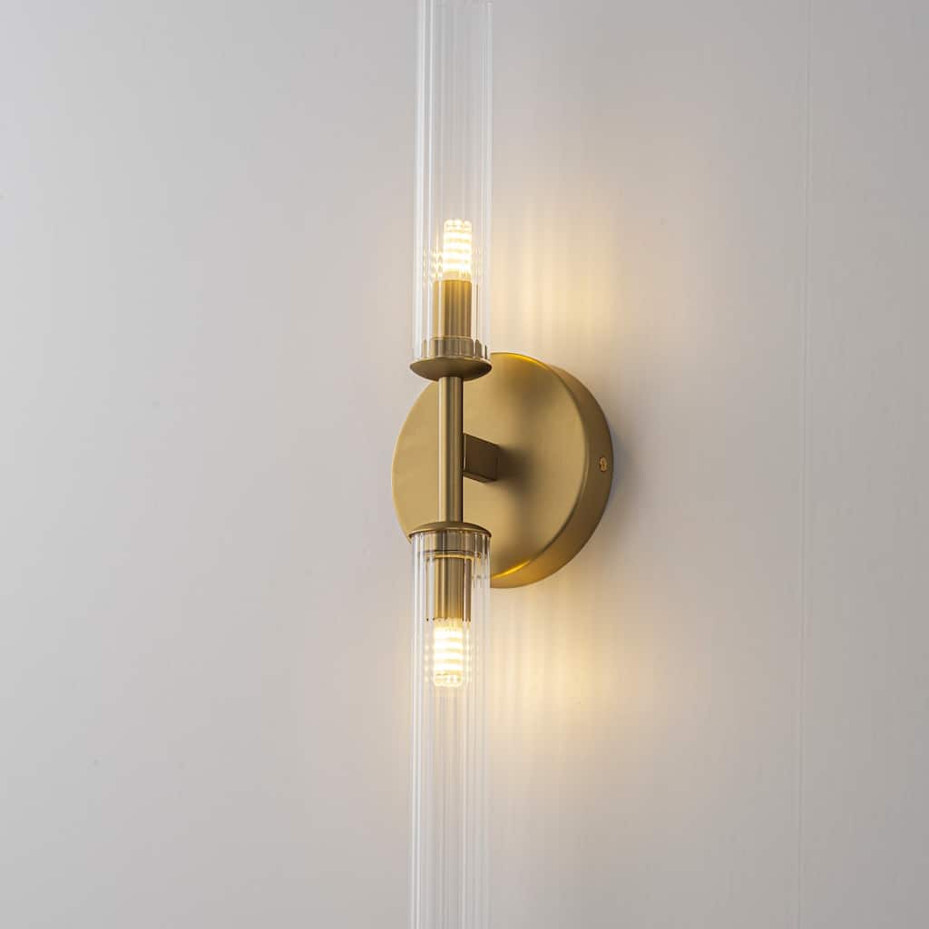 2-Light Mid-Century Modern Brushed Gold/Matte Black Finish Linear Vanity Light with Clear Striped Glass for Bathroom