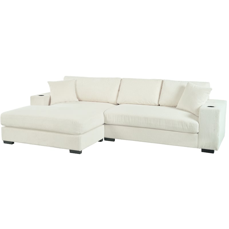 111.5" Corduroy Sectional Sofa Oversized 3 Seat L Shaped Sofa with 2 Built-in Cup Holders and Charging Ports