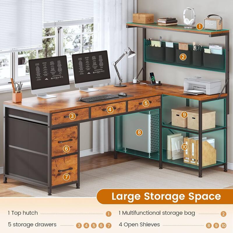 L Shaped Computer Desk 5 fabric Drawers Gaming Desk Storage Shelf