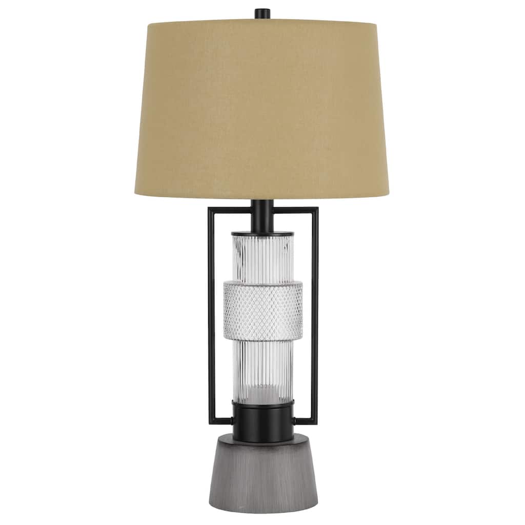 Table Lamp with LED Light, Burlap Shade, 31 Inch Black Lantern Base