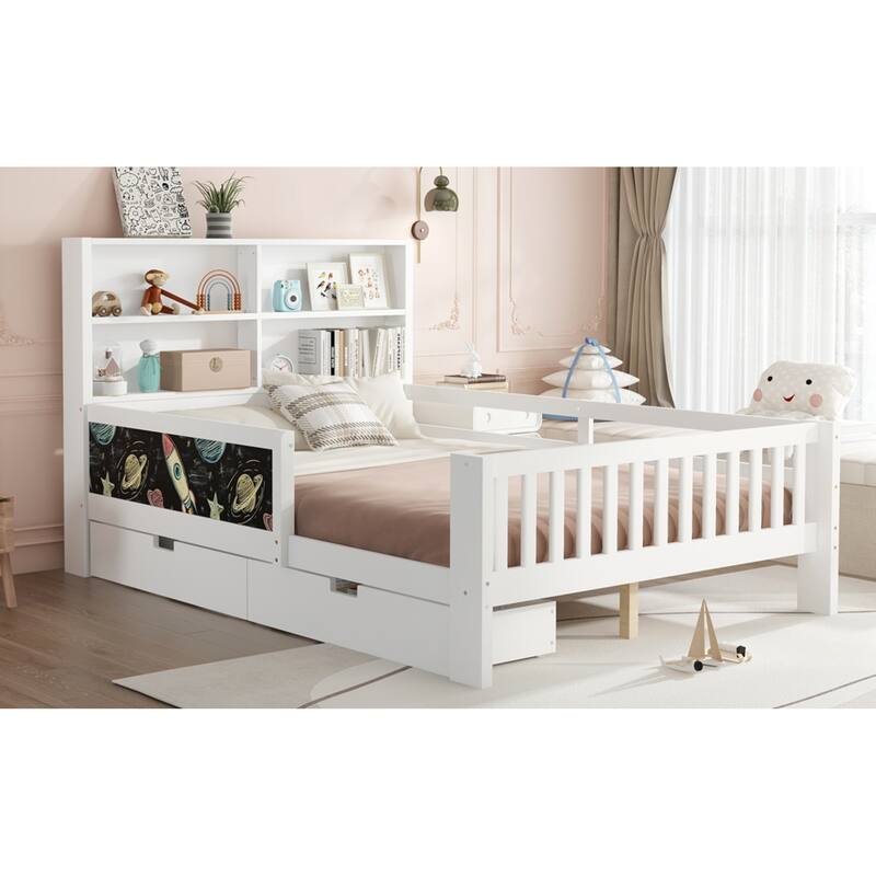 Roomfitters Platform Bed with Chalkboard Headboard, Storage Drawers and Shelves, Solid Wood Frame