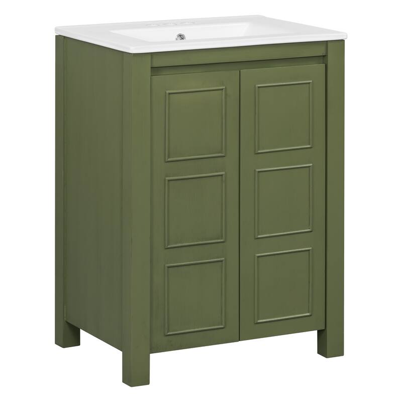 24" Small Bathroom Vanity with Ceramic Sink, Solid Wood Frame Bathroom Storage Cabinet