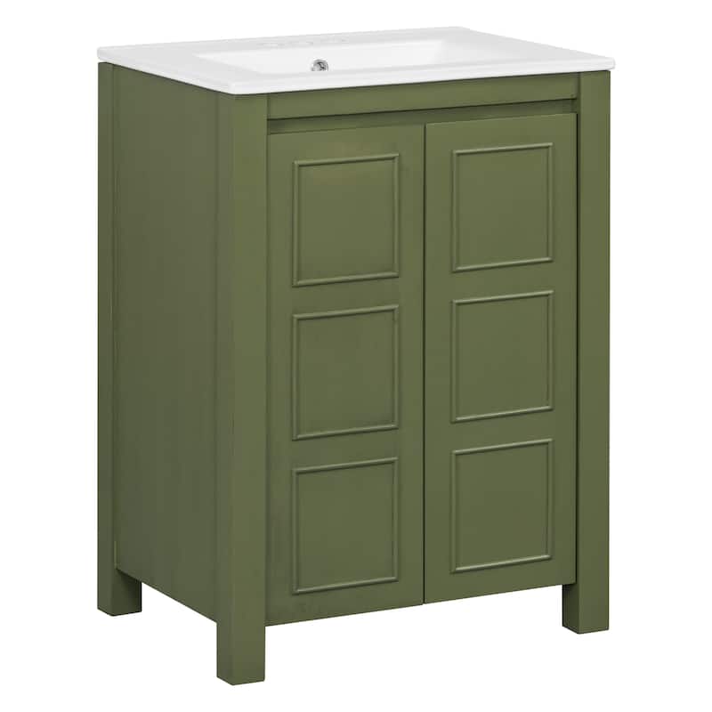 24" Vintage Style Small Bathroom Vanity with Ceramic Sink, 2 Soft-close Doors, Adjustable Shelf